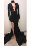 2024 Satin Fabulous Black Halter Deep V-neck Long Sleeve Split Sexy Prom Dresses